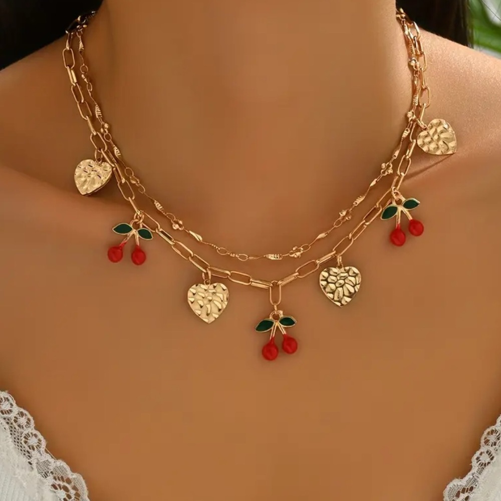 Gold Cherry & Heart Pendants Link Necklaces